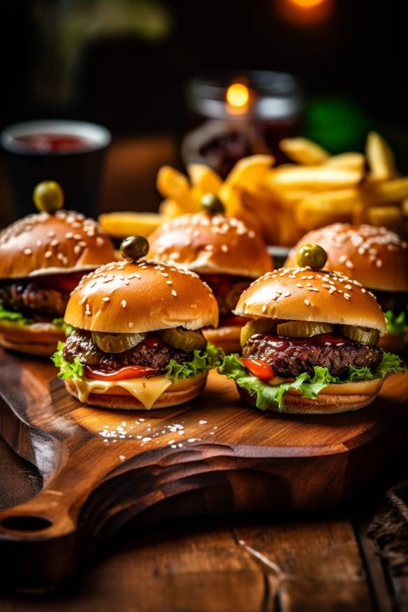 Mini-Burger auf einem Holzbrett mit Pommes