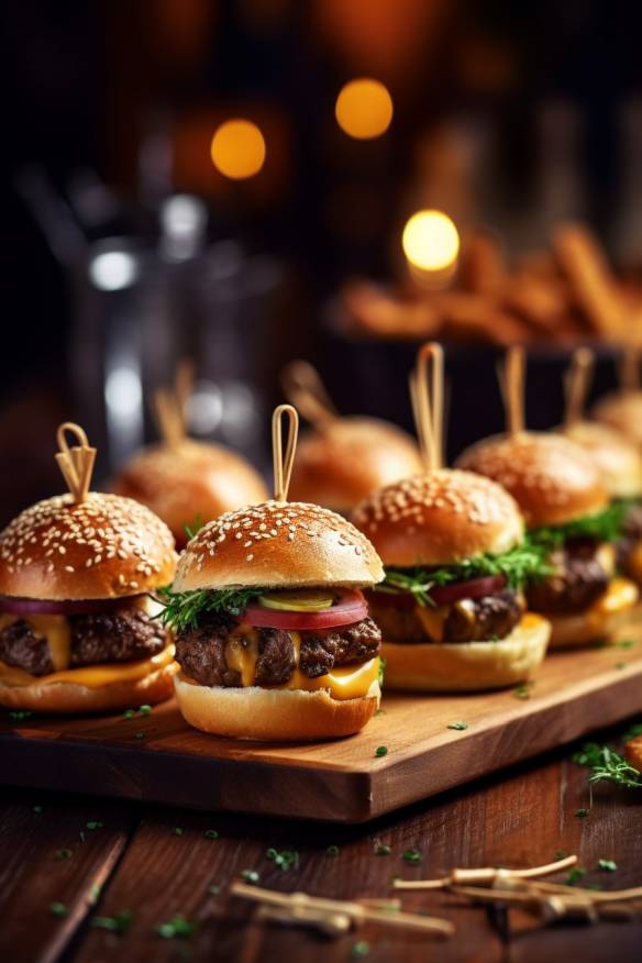 Mini-Burger auf einem Holzbrett mit Pommes