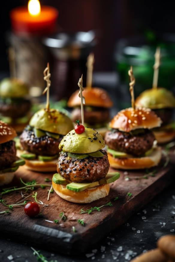 Mini-Burger mit Hackfleisch und Avocado.