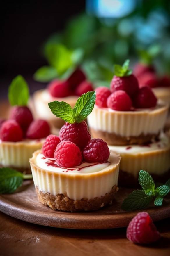 Mini-Cheesecake-Törtchen auf einem weißen Teller mit Himbeeren und Minze als Dekoration.