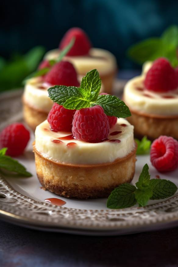 Mini-Cheesecake-Törtchen auf einem weißen Teller mit Himbeeren und Minze als Dekoration.