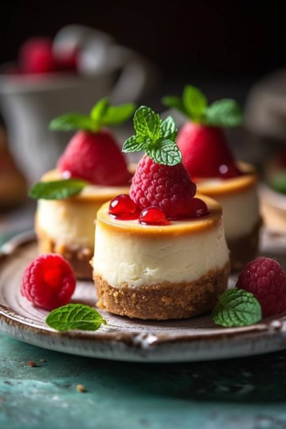 Mini-Cheesecake-Törtchen auf einem weißen Teller mit Himbeeren und Minze als Dekoration.