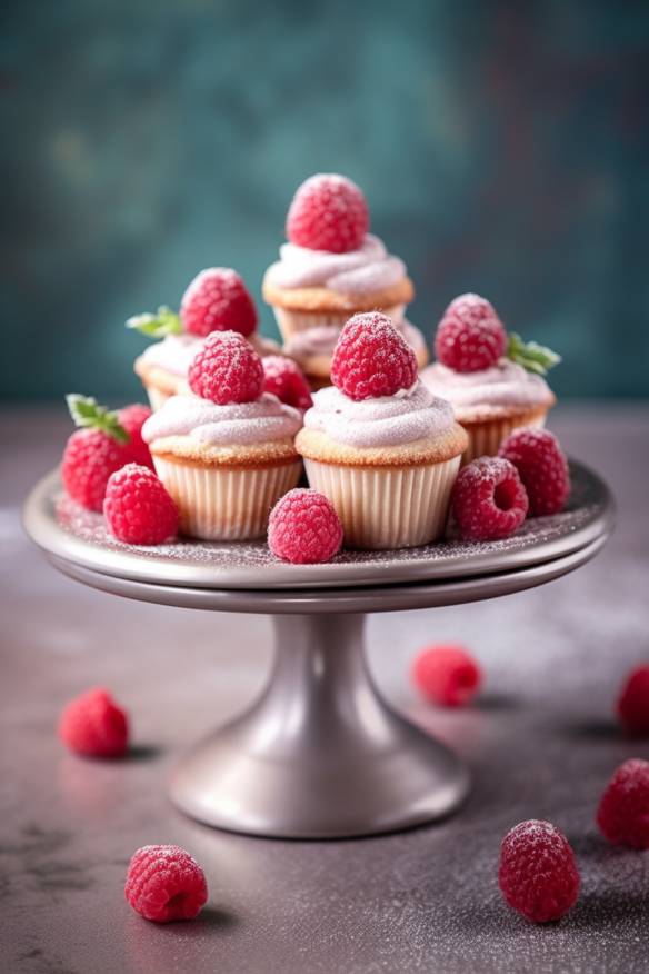 Mini-Cupcakes mit frischen Himbeeren auf einem Teller angerichtet.