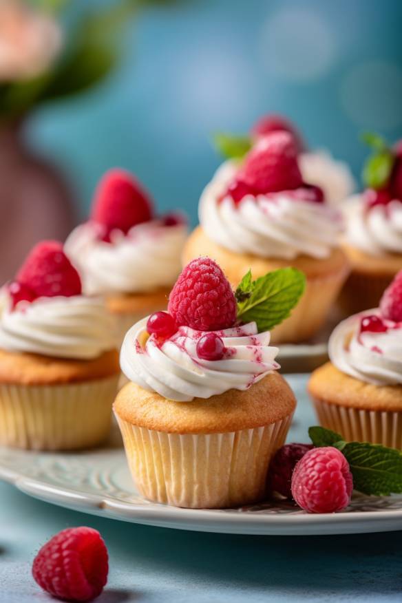 Mini-Cupcakes mit frischen Himbeeren auf einem Teller angerichtet.