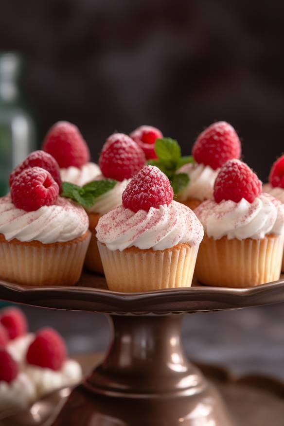 Mini-Cupcakes mit frischen Himbeeren auf einem Teller angerichtet.