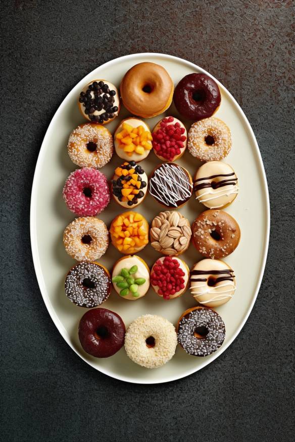 Mini Donuts auf einem Teller angerichtet.