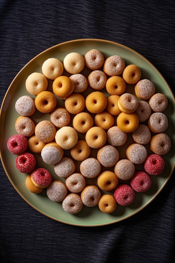 Mini Donuts auf einem Teller angerichtet.