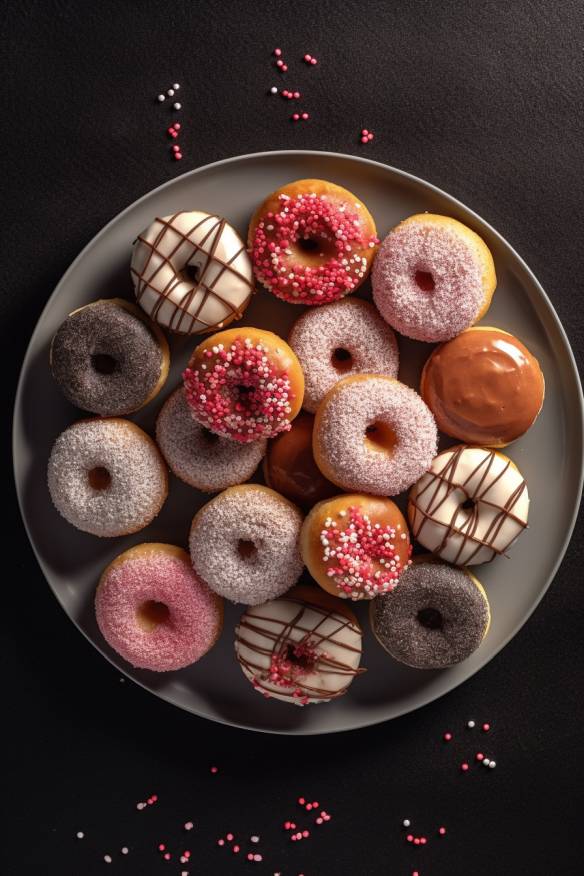 Mini Donuts auf einem Teller angerichtet.