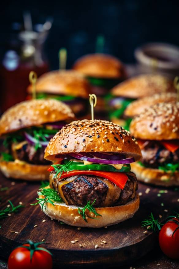 Mini-Hamburger mit Rinderhackfleisch, Tomaten und Salat.