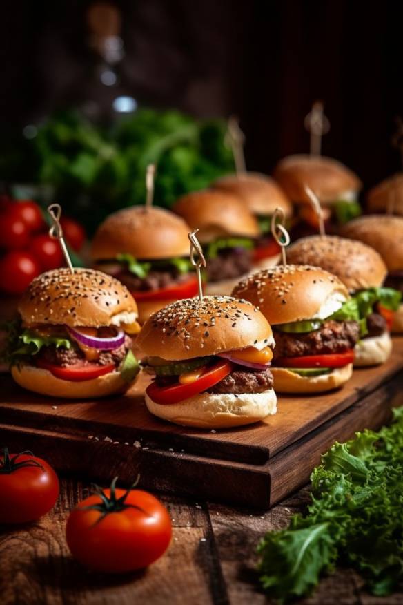 Mini-Hamburger mit Rinderhackfleisch, Tomaten und Salat.