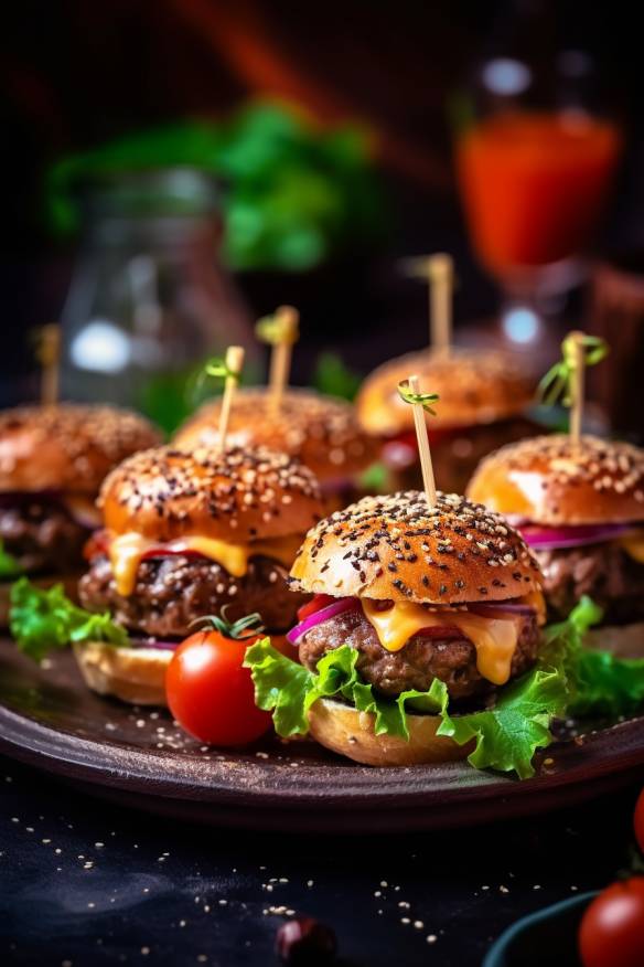 Mini-Hamburger mit Rinderhackfleisch, Tomaten und Salat.