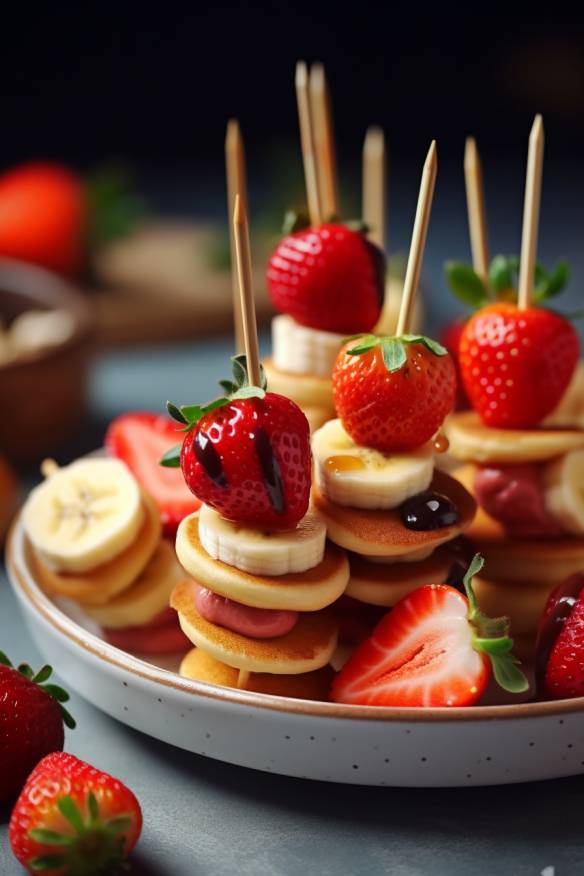 Mini-Pancake-Spieße mit Erdbeeren und Bananen.