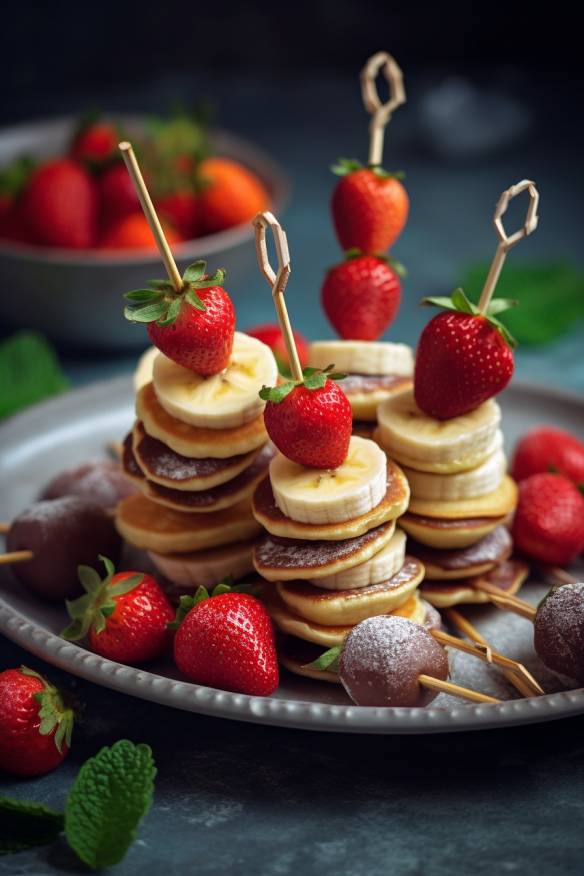 Mini-Pancake-Spieße mit Erdbeeren und Bananen.