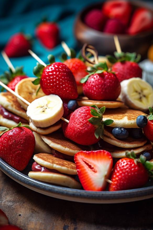 Mini-Pancake-Spieße mit Erdbeeren und Bananen.