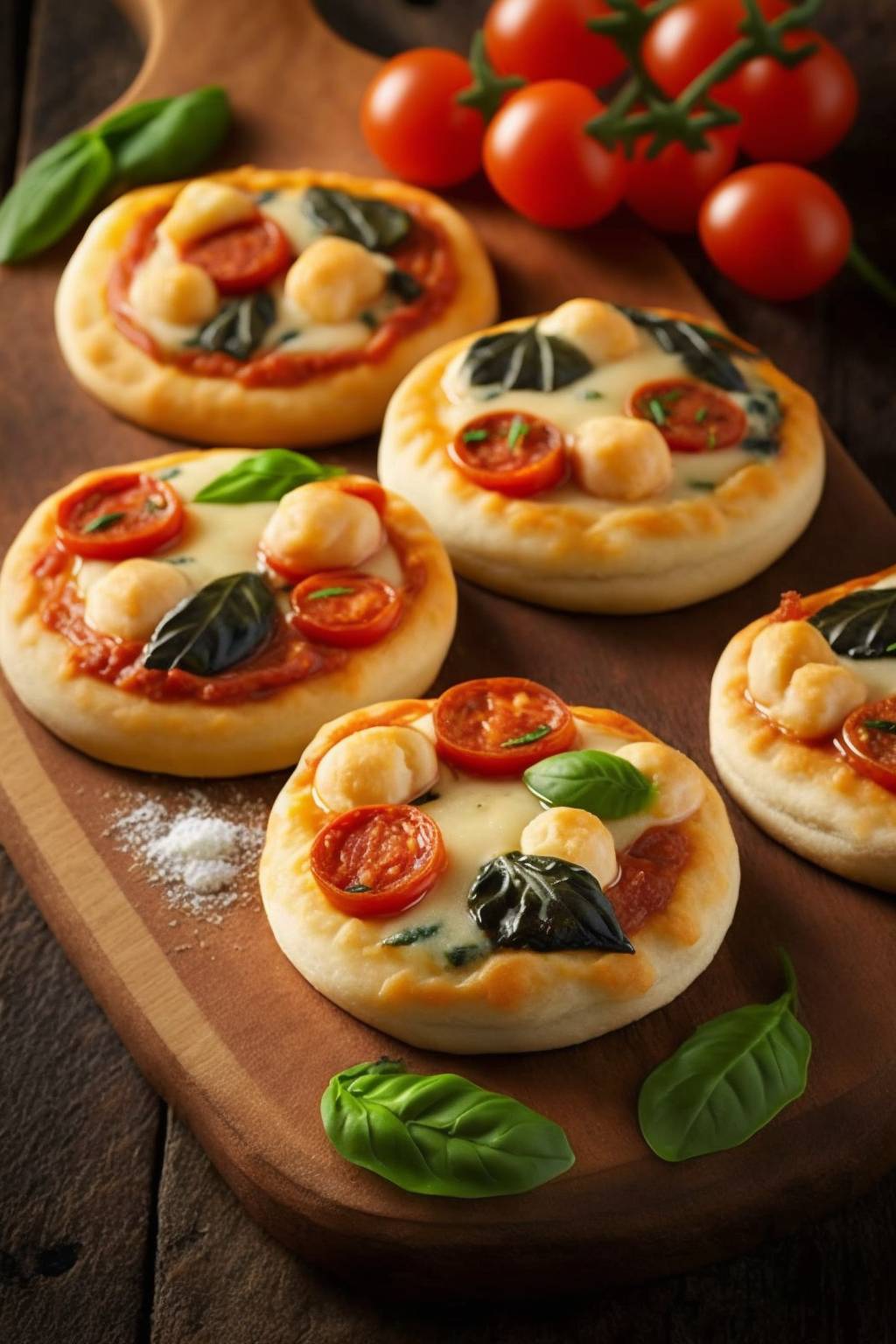 Mini-Pizza-Häppchen mit Pizzateig und Tomaten.