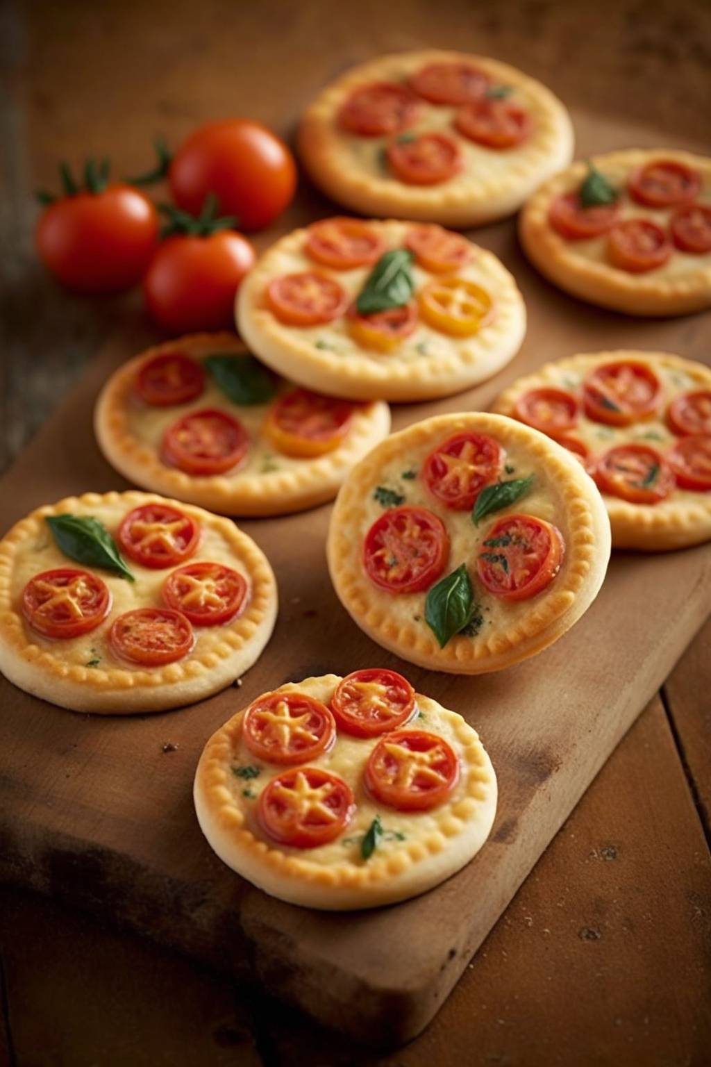 Pizzahäppchen mit Pizzateig und Tomaten.