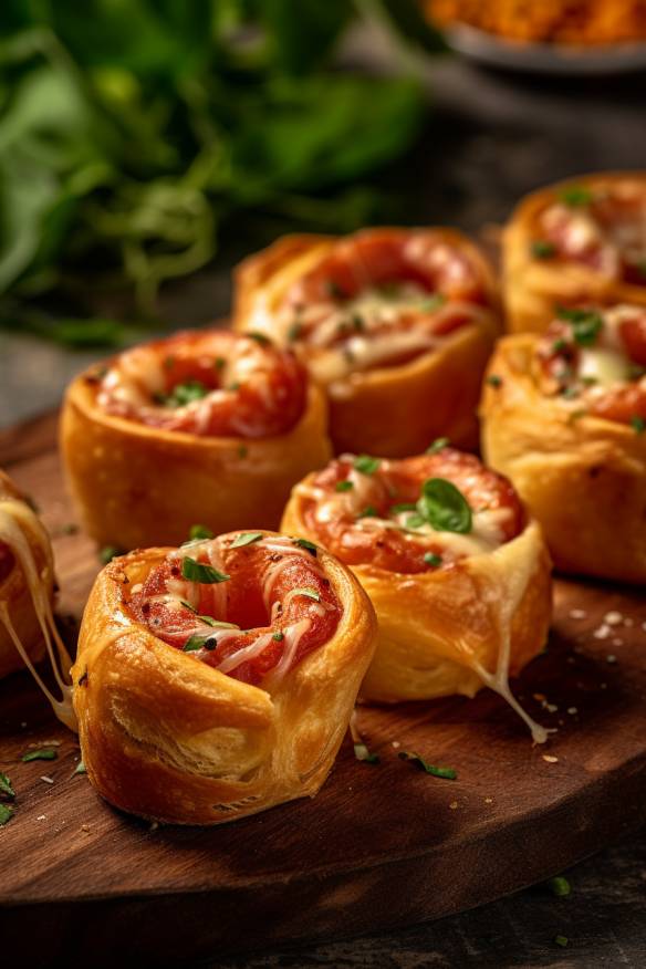 Mini-Pizzaschnecken mit Tomatensoße, Käse und Salami.