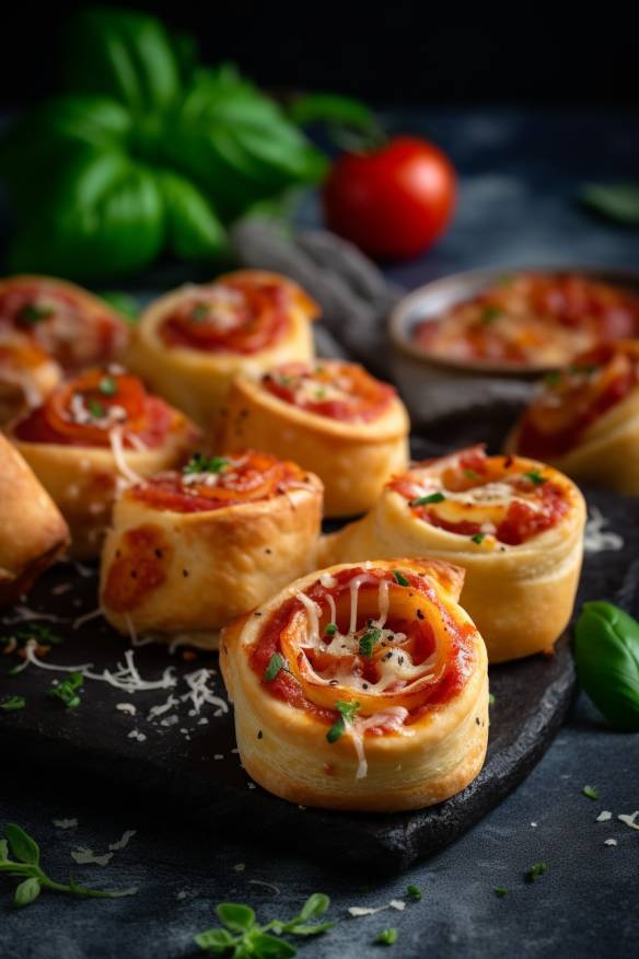 Mini-Pizzaschnecken mit Tomatensoße, Käse und Salami.