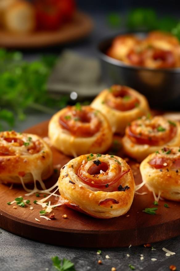 Mini-Pizzaschnecken mit Tomatensoße, Käse und Salami.