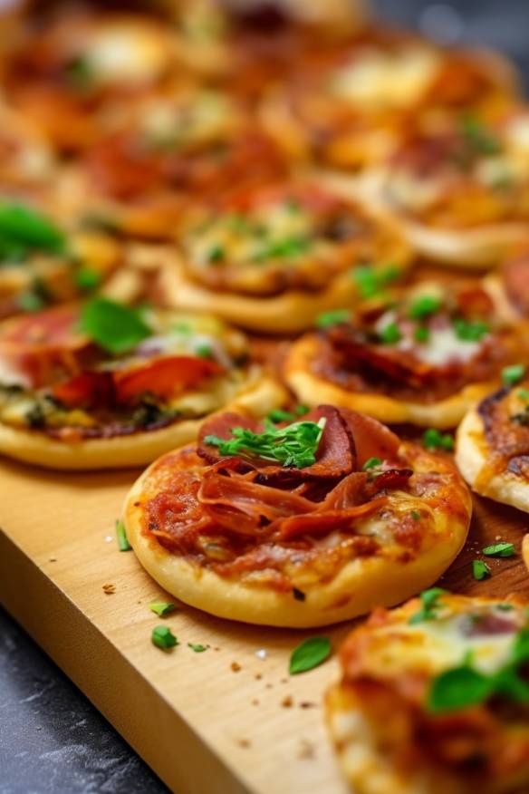 Mini-Pizza-Snacks auf einem Partybuffet.