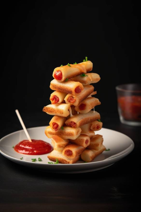 Mini-Pizza-Sticks auf einem Teller angerichtet.