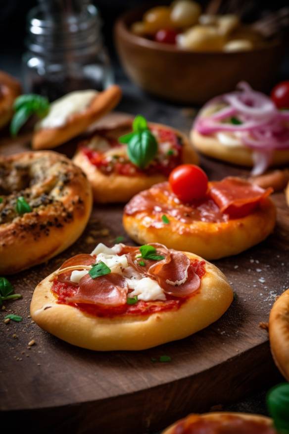 Mini-Pizzen aus Hefeteig auf einem Teller angerichtet.