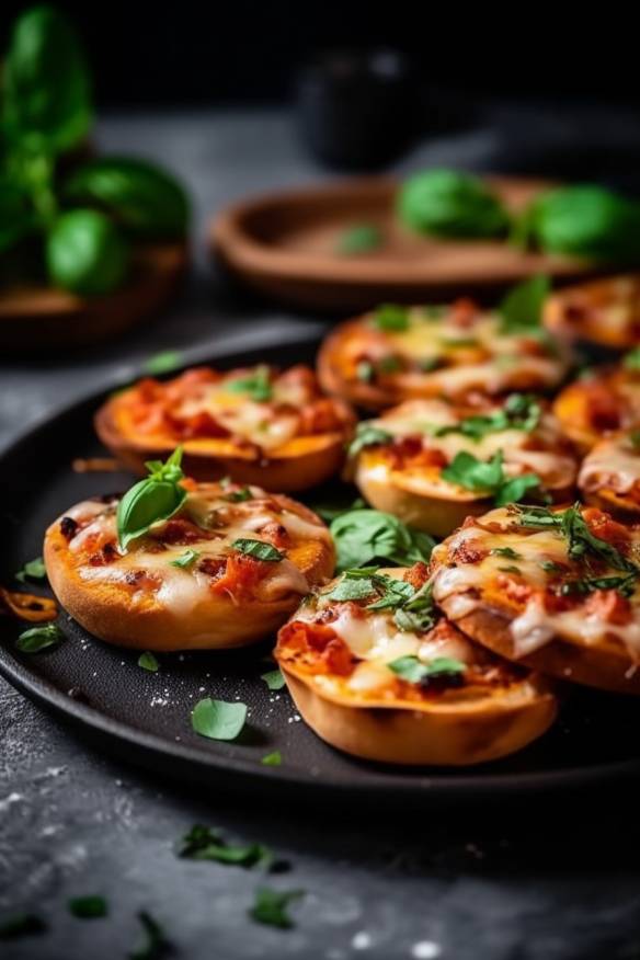 Mini-Pizzas auf einem Teller angerichtet.