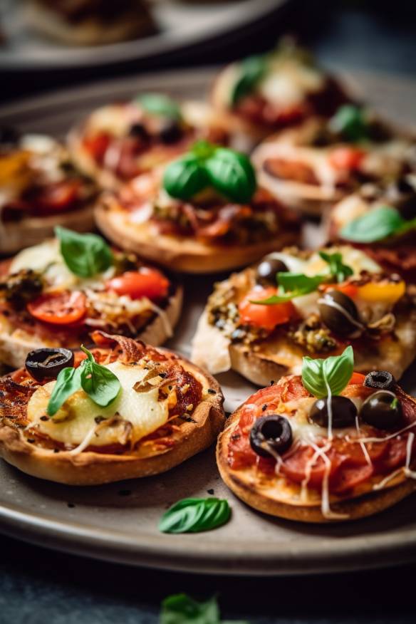 Mini-Pizzas auf einem Teller angerichtet.