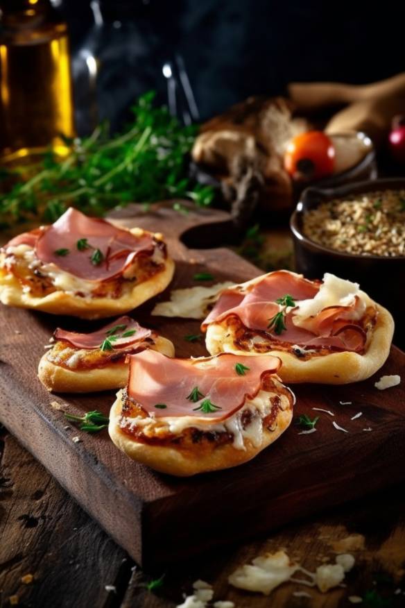 Mini-Pizzas mit Schinken und Pilzen.