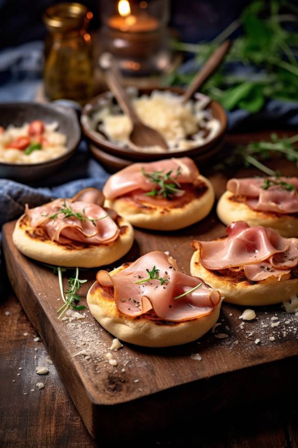 Mini-Pizzas mit Schinken und Pilzen.