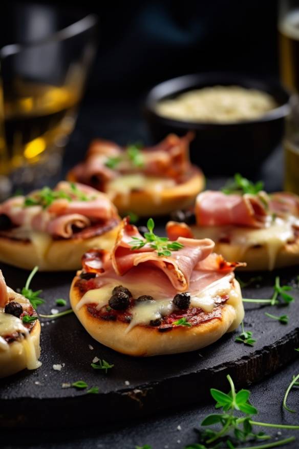 Mini-Pizzas mit Schinken und Pilzen.