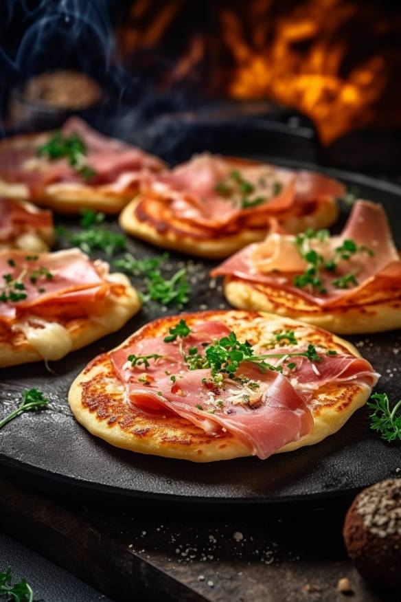 Mini-Pizzas mit Schinken und Pilzen.