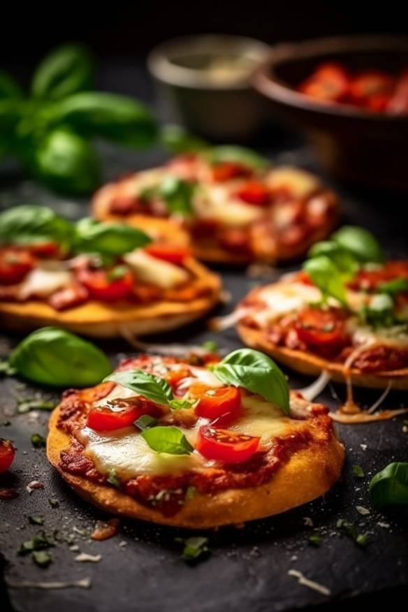 Mini-Pizzas mit Tomatensoße, Mozzarella und Basilikum.