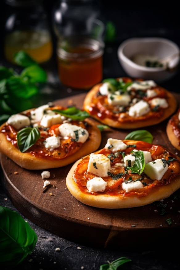 Mini-Pizzas mit Tomatensoße, Mozzarella und Basilikum.