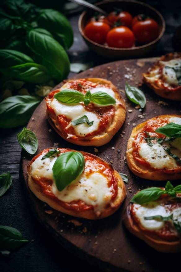 Mini-Pizzas mit Tomatensoße, Mozzarella und Basilikum.