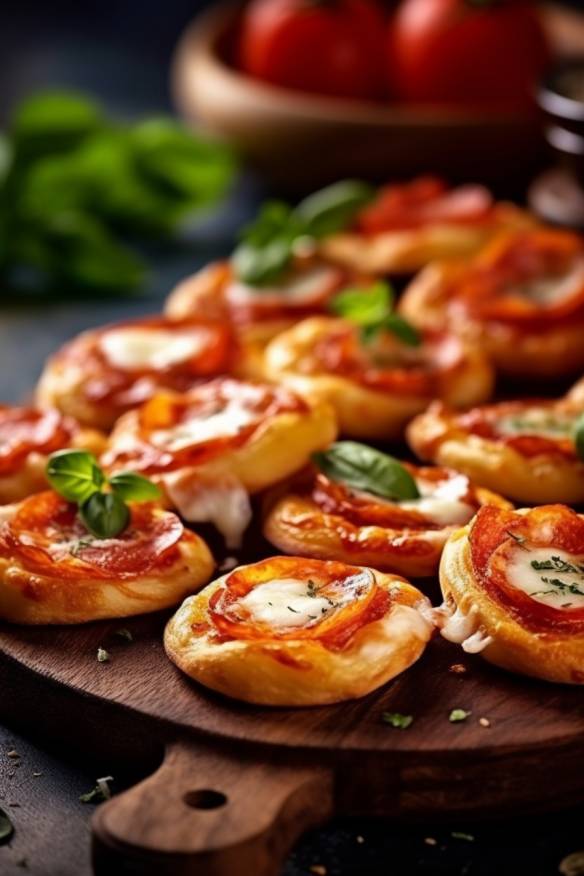 Mini-Pizzas mit Tomatensoße, Mozzarella und Basilikum.