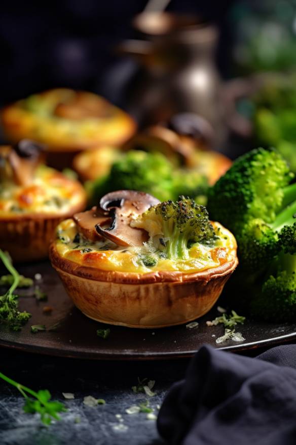 Mini-Quiches mit Brokkoli und Champignons.