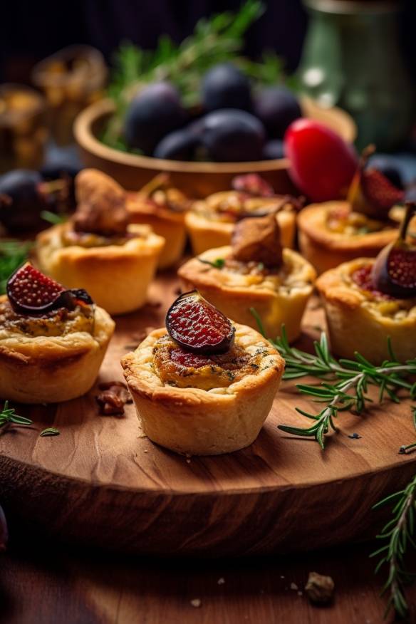 Mini-Quiches mit Ziegenkäse und Feigen auf einem Servierteller angerichtet.