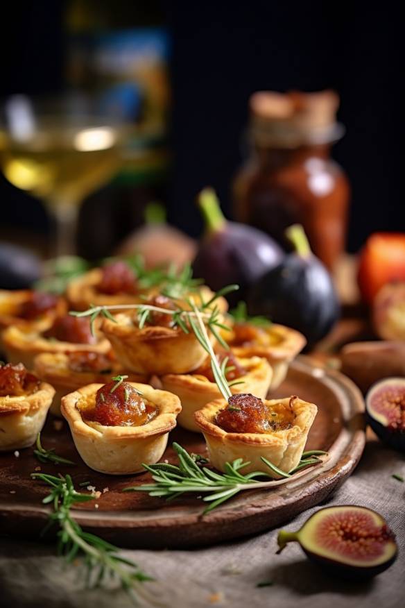 Mini-Quiches mit Ziegenkäse und Feigen auf einem Servierteller angerichtet.