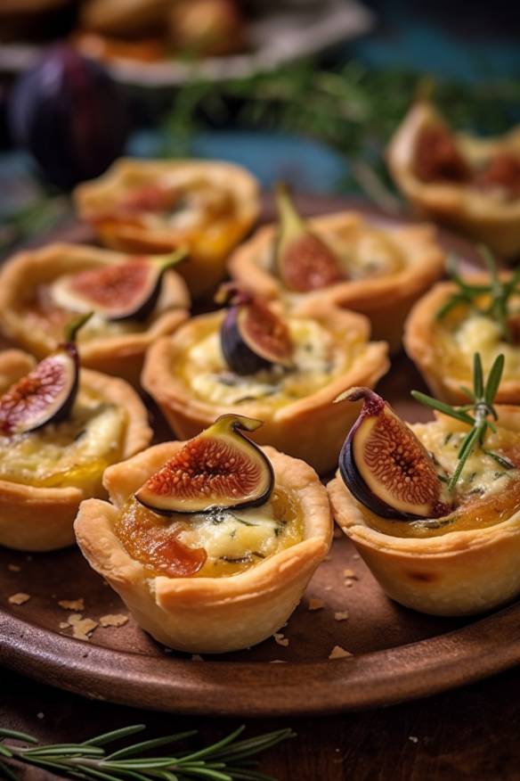 Mini-Quiches mit Ziegenkäse und Feigen auf einem Servierteller angerichtet.