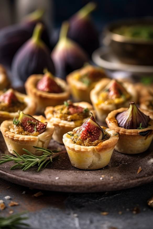 Mini-Quiches mit Ziegenkäse und Feigen auf einem Servierteller angerichtet.