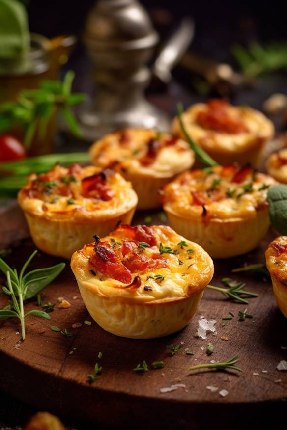 Mini-Quiches mit Ziegenkäse und getrockneten Tomaten auf einem Teller