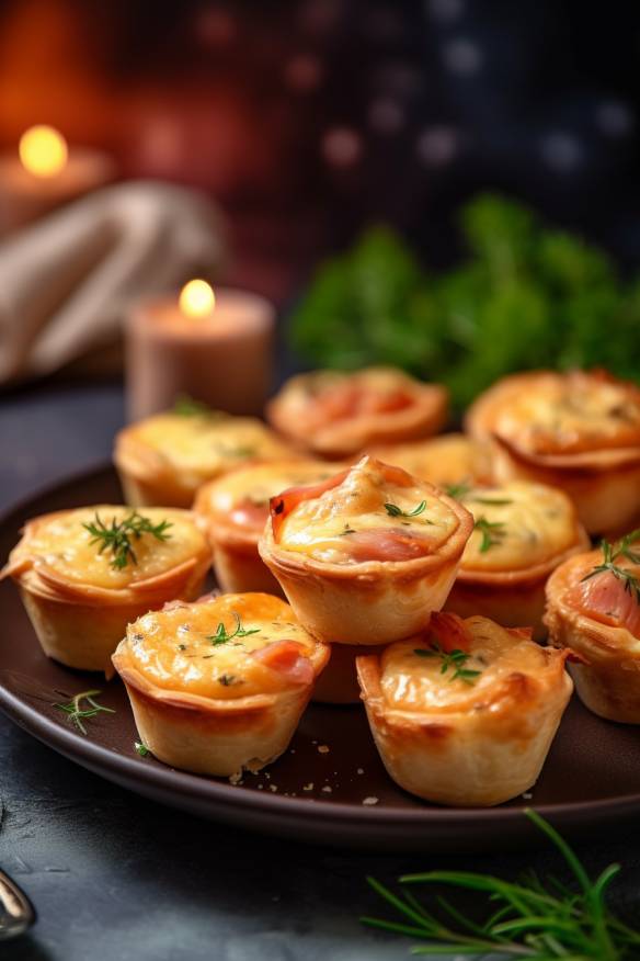 Mini Quiches mit Schinken und Käse auf einem Teller angerichtet.