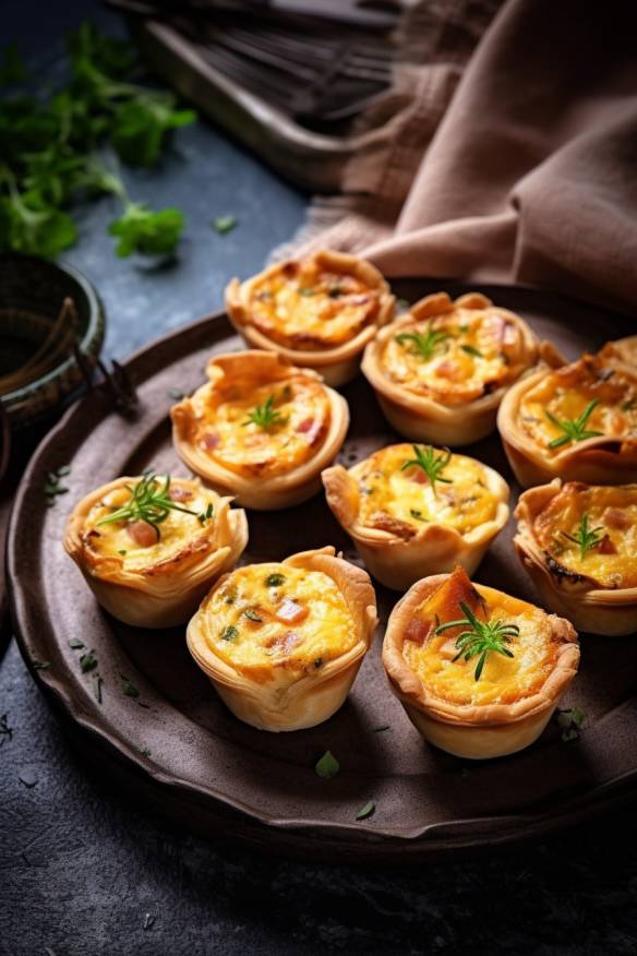 Mini Quiches mit Schinken und Käse auf einem Teller angerichtet.