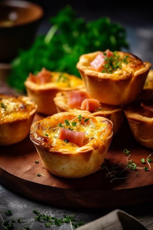 Mini Quiches mit Schinken und Käse auf einem Teller angerichtet.