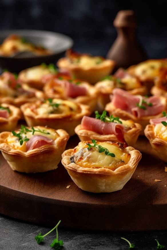 Mini-Quiches mit Schinken und Käse auf einem Servierteller.