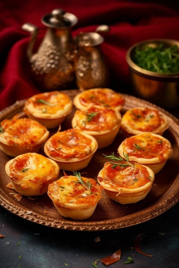 Mini-Quiches mit Schinken und Käse auf einem Servierteller.