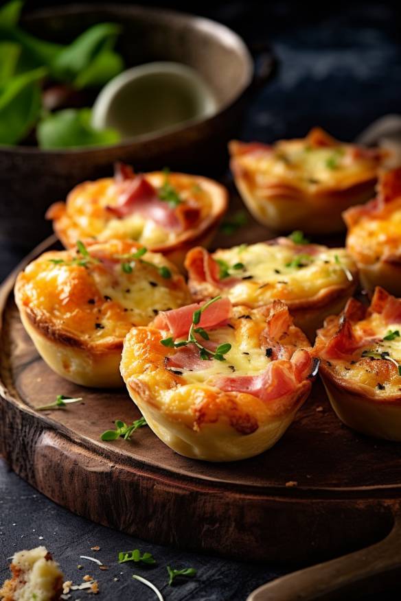 Mini-Quiches mit Schinken und Käse auf einem Servierteller.