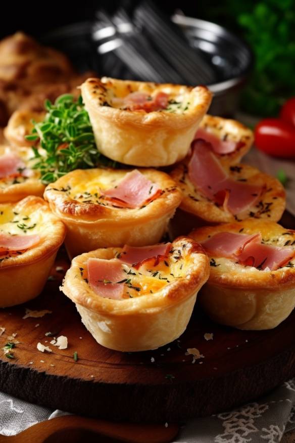 Mini-Quiches mit Schinken und Käse auf einem Servierteller.