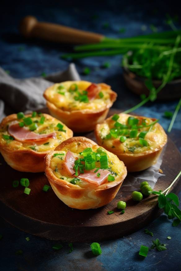 Mini-Quiches mit Schinken und Frühlingszwiebeln auf einem Teller